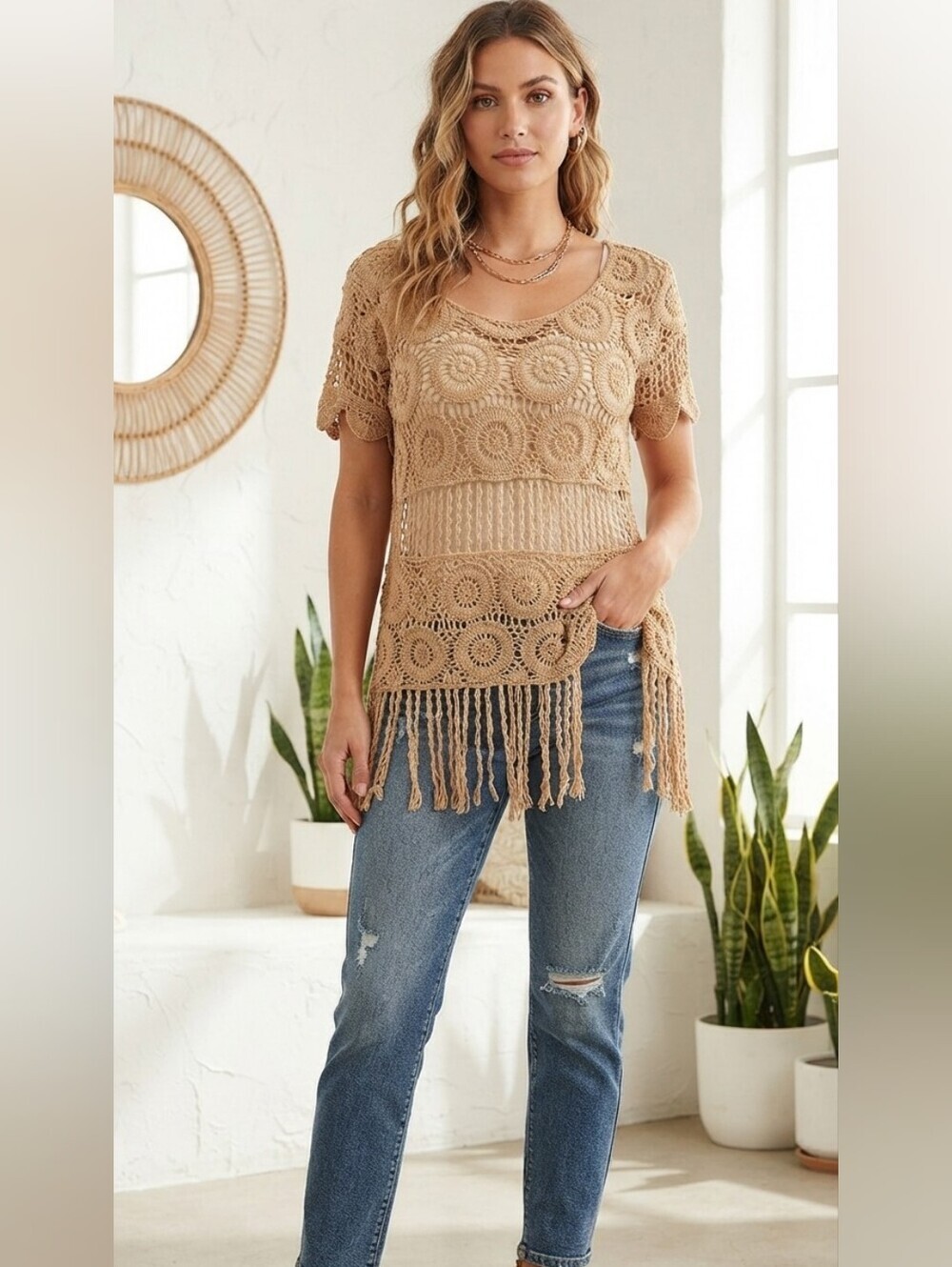 Pinky crochet Fringe Blouse Sz Large Tan
